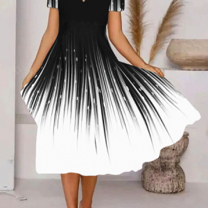 V Neck Casual Abstract Printed Short Sleeve Dress, Midi, color:Black|size:XXL, Noracora