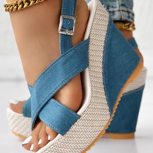 Peep Toe Crisscross Slingback Denim Wedge Sandals, Wedges Shoes, chicme - Women's Fashion Online