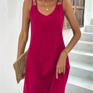 Women Plain Spaghetti Gallus Comfy Casual Short Dress, Short, color:Red|size:XXL, catalog Noracora shop