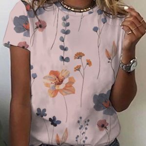 Jersey Loose Floral Casual T-Shirt, JustFashionNow T-Shirts, color:Pink|size:3XL,