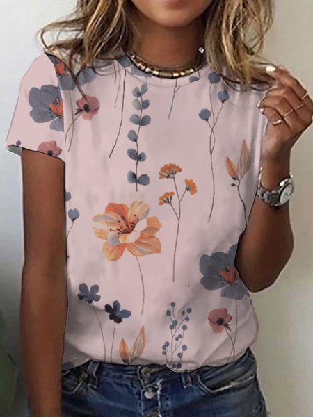 Jersey Loose Floral Casual T-Shirt, T-shirts, Lilicloth.com