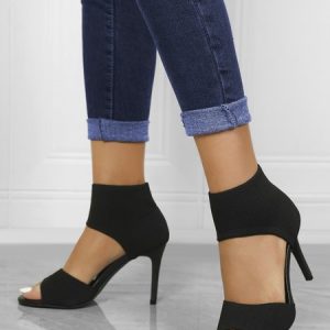 Minimalist Mesh Fabric Slip On Stiletto Heeled Ankle Strap Sandals, Heels, color:Black|size:43, Stylewe