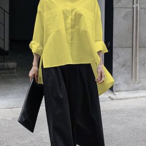 Daily Long sleeve Urban Plain Shirt Collar Blouse, Blouses and Shirts, color:Yellow|size:XXL, Stylewe
