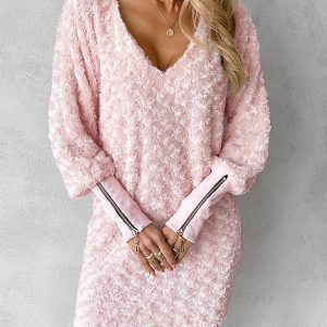Floral Pattern Fuzzy V-Neck Casual Dress, Casual Dresses, chicme - Women's Fashion Online