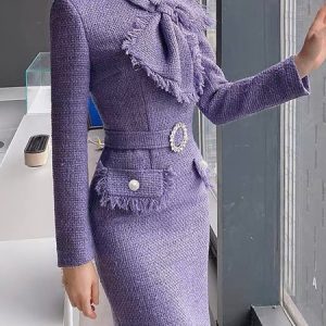 Elegant Stand Collar Plain Regular Fit Bow Dress, Midi Dresses, color:Purple|size:XXL, Stylewe