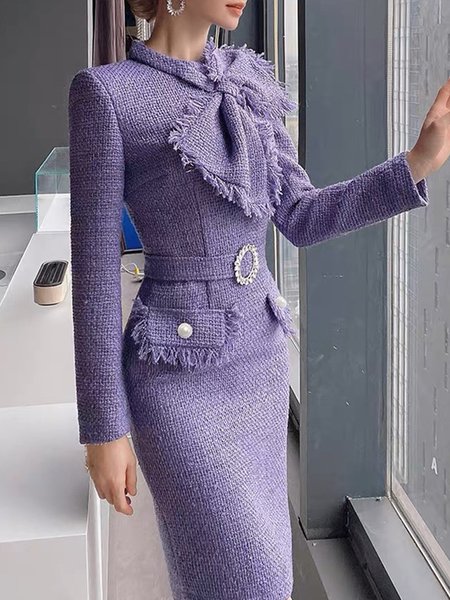 Elegant Stand Collar Plain Regular Fit Bow Dress, Midi Dresses, color:Purple|size:XXL, Stylewe