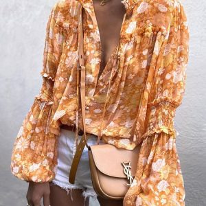 V Neck Long Sleeve Floral Regular Loose Shirt For Women, Blouses, color:Orange|size:XXL, Noracora