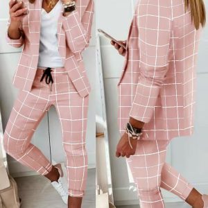 Plaid Print Blazer & Drawstring Pants Set, blazer set, chicme - Women's Fashion Online