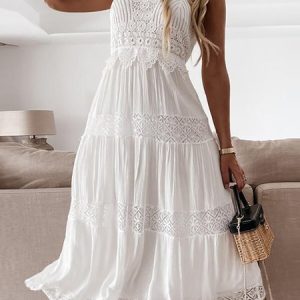Women Plain Crew Neck Sleeveless Comfy Casual Lace Midi Dress, Dresses, color:White|size:XL, Noracora