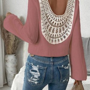 Women's Blouse Textured Fabric Splicing Lace Lantern Sleeve Loose Shirt, Blouses, color:Pink|size:XXL, Noracora
