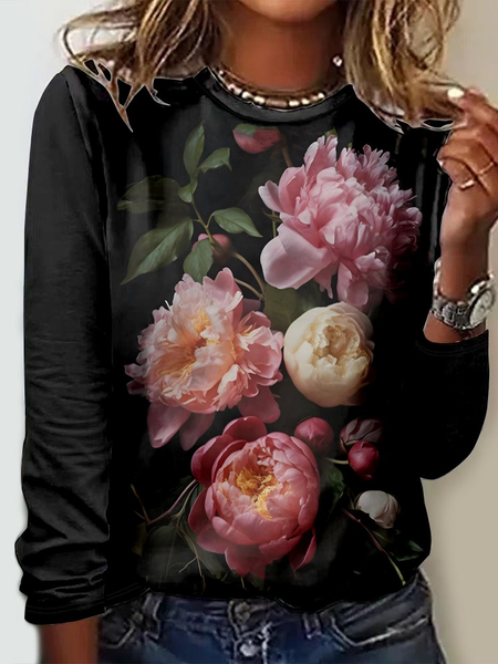 Floral Regular Fit Crew Neck Casual Shirt, Long sleeves, Lilicloth.com