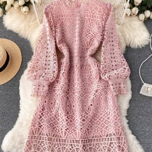 Women Plain Stand Collar Long Sleeve Comfy Casual Lace Midi Dress, Dresses, color:Pink|size:XL, Noracora