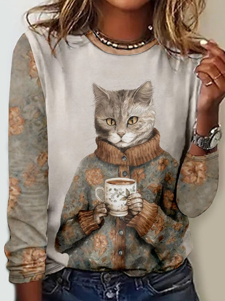 Funny Cat Casual Color Block Regular Fit Crew Neck Long Sleeve Shirt, Long sleeves, Lilicloth.com