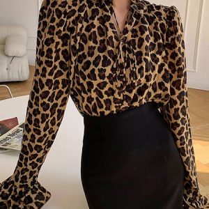 Elegant  Leopard Regular Fit Flouncing Blouse, Blouses and Shirts, color:Leopard|size:XXL, Stylewe