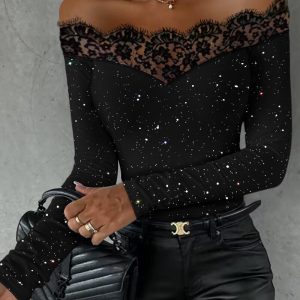 Glitter Eyelash Lace Spliced Off Shoulder Long Sleeve Tee Slim Fit Top, women T-shirt & Tees, ChicMe catalog