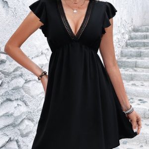 Women Plain V Neck Cap Sleeve Comfy Casual Lace Short Dress, Short, color:Black|size:XXL, catalog Noracora shop