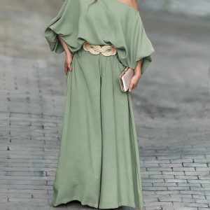 Skew Neck Lantern Sleeve Top & Wide Leg Pants Set, Two-piece Sets, chicme - Women's Fashion Online