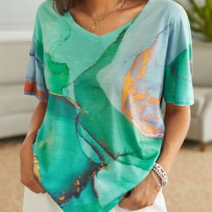 Shift Short Sleeve Casual Top, T-shirts, color:Green|size:XXL, Noracora