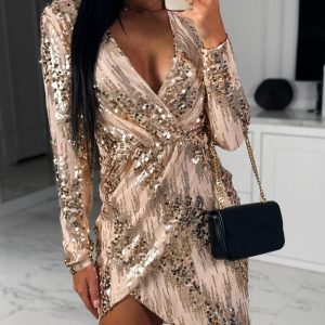 Ruched Plunge Long Sleeve Sequin Dress, Sequin Dresses, chicme - Women's Fashion Online