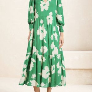 Women Floral V Neck Long Sleeve Comfy Vacation Maxi Dress, Dresses, color:Green|size:XXL, Noracora