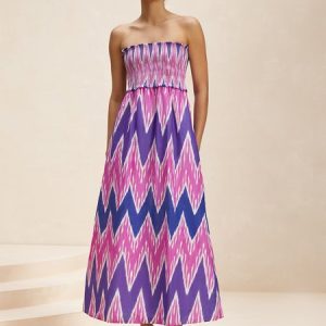 Women Chevron Strapless Sleeveless Comfy Casual Maxi Dress, Dresses, color:Rose Red|size:XXL, Noracora