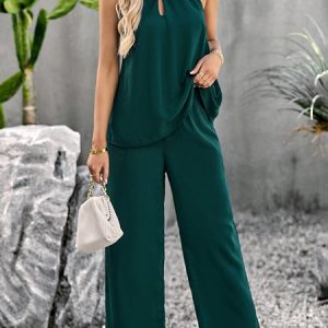 Women Plain Halter Sleeveless Comfy Casual Top With Pants Two-Piece Set, Sets, color:Green|size:XL, Noracora