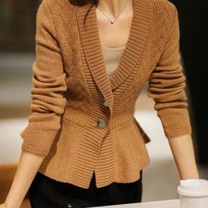 Regular Fit Plain Elegant Lapel Collar Sweater Cardigan, Cardigans, color:Camel|size:XXL, Stylewe