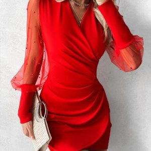 Sheer Mesh Ruched Beaded Party Dress, Party Dresses, chicme - Women's Fashion Online