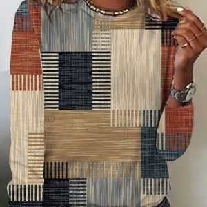 Plaid Casual Crew Neck Loose T-Shirt, Long sleeves, Lilicloth.com