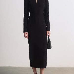 Plain V Neck Regular Fit Elegant Dress, Midi Dresses, color:Black|size:XXL, Stylewe