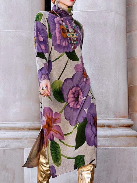 High Elasticity Urban Loose Turtleneck Long Sleeve Sweater Midi Dress, Midi Dresses, color:As Picture|size:XXL, Stylewe