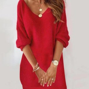 Plain V-Neck Fluffy Casual Dress, Casual Dresses, chicme - Women's Fashion Online