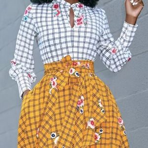 Plaid Stand Collar Regular Fit Urban Blouse, Blouses and Shirts, color:White|size:XXL, Stylewe
