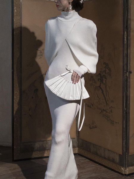Regular Fit Elegant Turtleneck Sweater Maxi Dress, Maxi Dresses, color:White|size:XXL, Stylewe