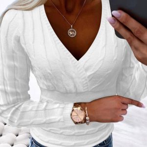 V-Neck Long Sleeve Cable Knit Sweater, Sweaters & Cardigans, chicme - Women's Fashion Online