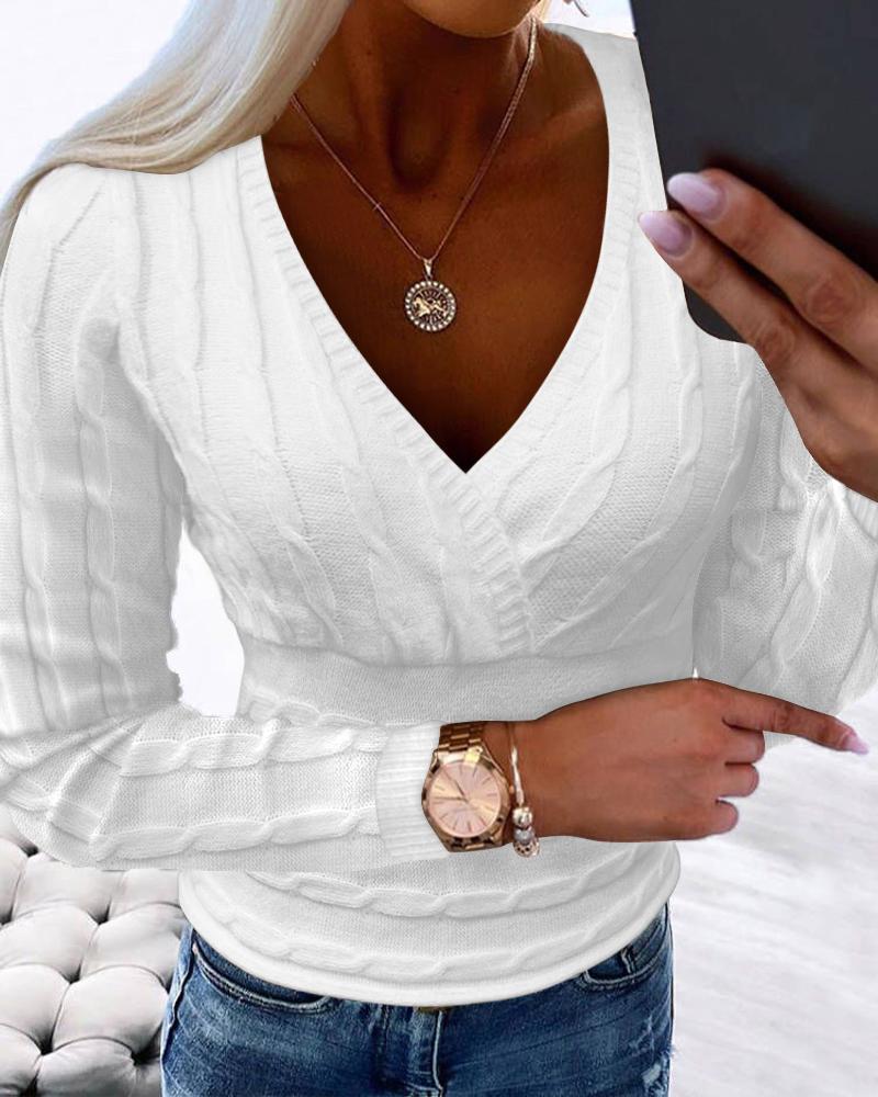 V-Neck Long Sleeve Cable Knit Sweater, Sweaters & Cardigans, chicme - Women's Fashion Online