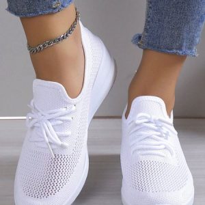 Casual Plain Breathable Lace-Up Block Heel Fly Woven Shoes Hollow Out, Sneakers&Athletic, color:White|size:40, Noracora