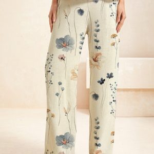 Women Casual Linen Floral Print Long Loose Pants, Pants, color:Khaki|size:XXL, Noracora