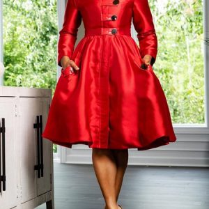 Stand Collar Buttoned Pocket Stitching Plain Elegant Dress, Midi Dresses, color:Red|size:XXL, Stylewe