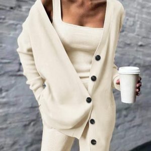 Tank Top & Pants Set With Buttoned Cardigan, Two-piece Sets, chicme - Women's Fashion Online