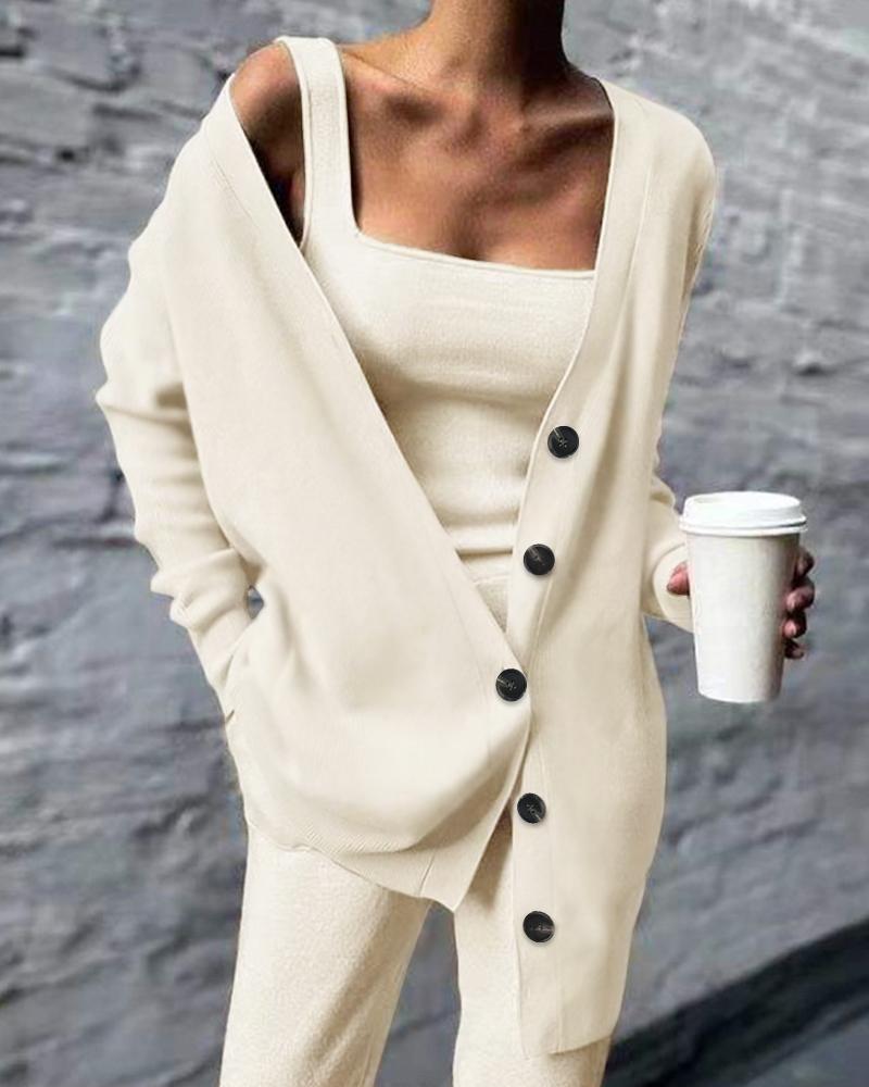 Tank Top & Pants Set With Buttoned Cardigan, Two-piece Sets, chicme - Women's Fashion Online