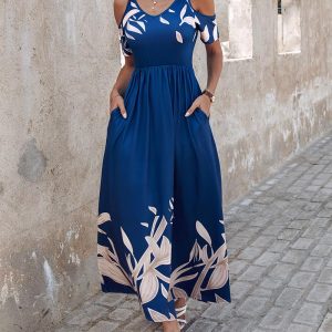 Plants Print Cold Shoulder Maxi Dress, Maxi Dresses, chicme - Women's Fashion Online