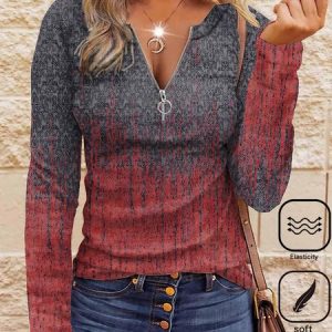 Casual Ethnic V Neck Long Sleeve T-shirt, T-shirts, color:Multicolor|size:XXL, Noracora