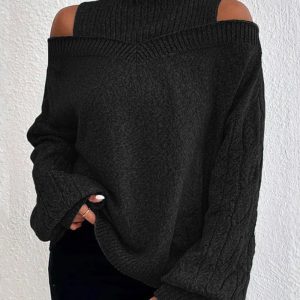 Cable Knit Lantern Sleeve Cold Shoulder Sweater, Sweaters & Cardigans, chicme - Women's Fashion Online