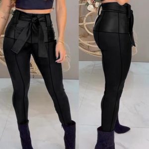 PU Leather Patch Skinny Pants With Belt, Pants, chicme - Women's Fashion Online