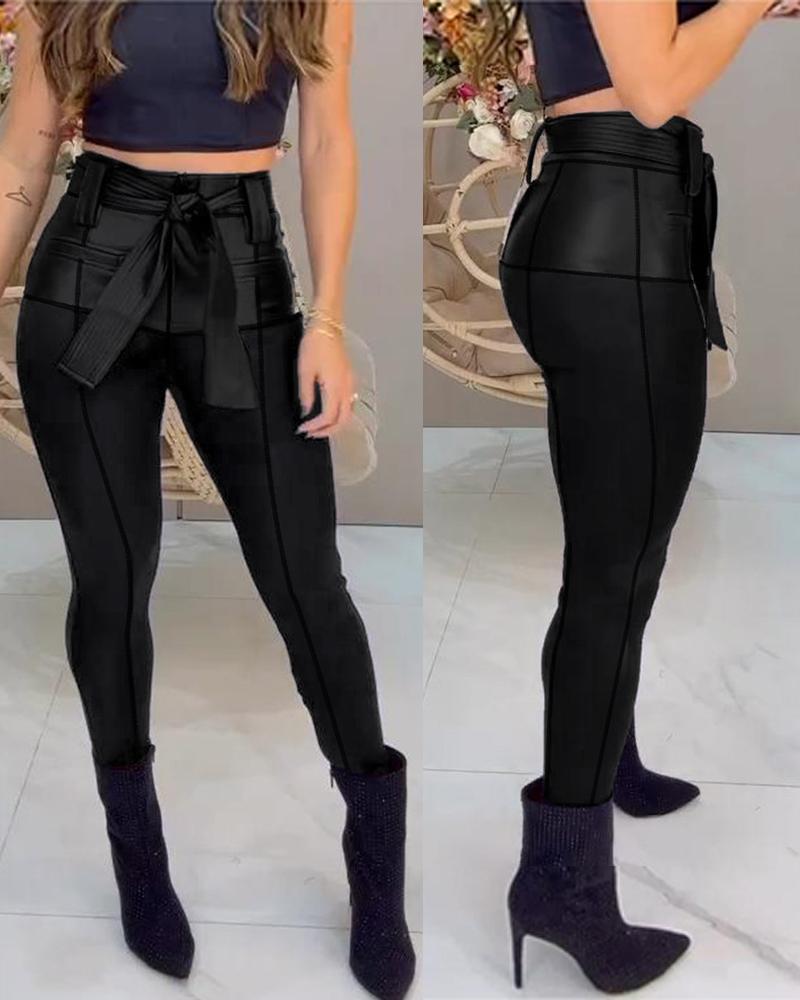 PU Leather Patch Skinny Pants With Belt, Pants, chicme - Women's Fashion Online