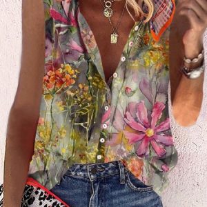 Casual Floral Sleeveless Stand Collar Printed Blouse, Shirts, color:Multicolor|size:XXL, catalog Noracora shop