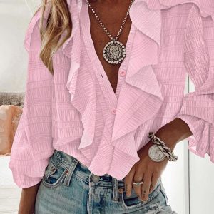 V-Neck Long Sleeve Button Front Flared Cuffs Blouse Casual Ruffles Spliced Textured Top, women Blouses & Shirts, ChicMe catalog