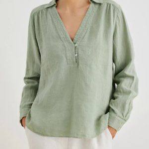 V Neck Short Sleeve Plain Regular Regular Fit Blouse For Women, Blouses, color:Light_green|size:XXL, Noracora