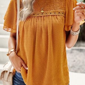 Stand Collar Short Sleeve Plain Lace Regular Loose Shirt For Women, Blouses, color:Yellow|size:XL, Noracora